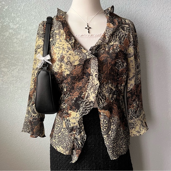 Emma James Floral Abstract Fairy Grunge Boho Blouse - Cream/Brown Size 4P - Picture 1 of 9